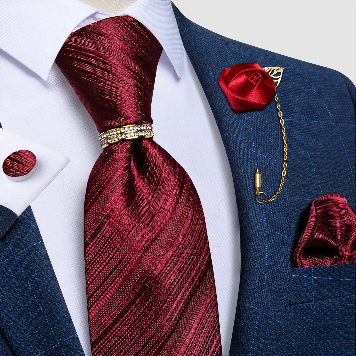 Luxury Red Solid Paisley Silk Ties for Men with Tie Ring Brooch Pin Wedding Party Men Accessories Handkerchief Cufflinks Gift