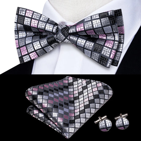 Hi-Tie Black White Silver Grey Brown Silk Mens Bow Tie Hankerchief Cufflinks Set Pre-tied Butterfly Knot Adjustable Bowtie Male