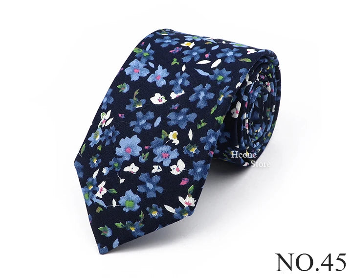 New Chic Floral Tie For Men Women 100% Cotton Beautiful Elegant Flower Necktie White Blue Narrow Skinny Wedding Casual Cravat