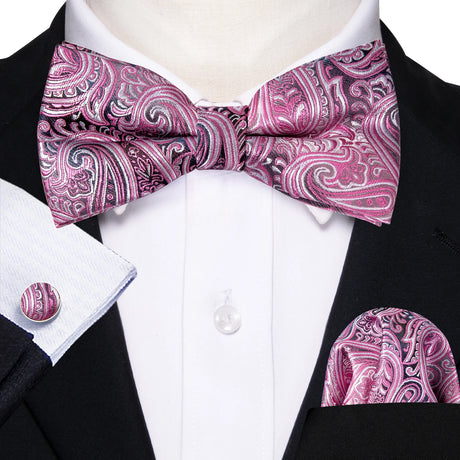 Barry.Wang Silk Mens Bow Tie White Green Pink Purple Jacquard Paisley Floral Pre-Tied Bowtie Hanky Cuffs Set Wedding Business