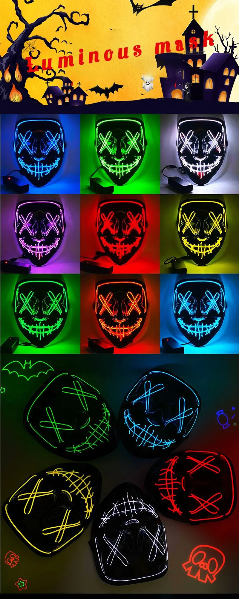 Cosmask Halloween Neon Mask Led Mask Masque Masquerade Party Masks Light Glow In The Dark Funny Masks Cosplay Costume Supplies