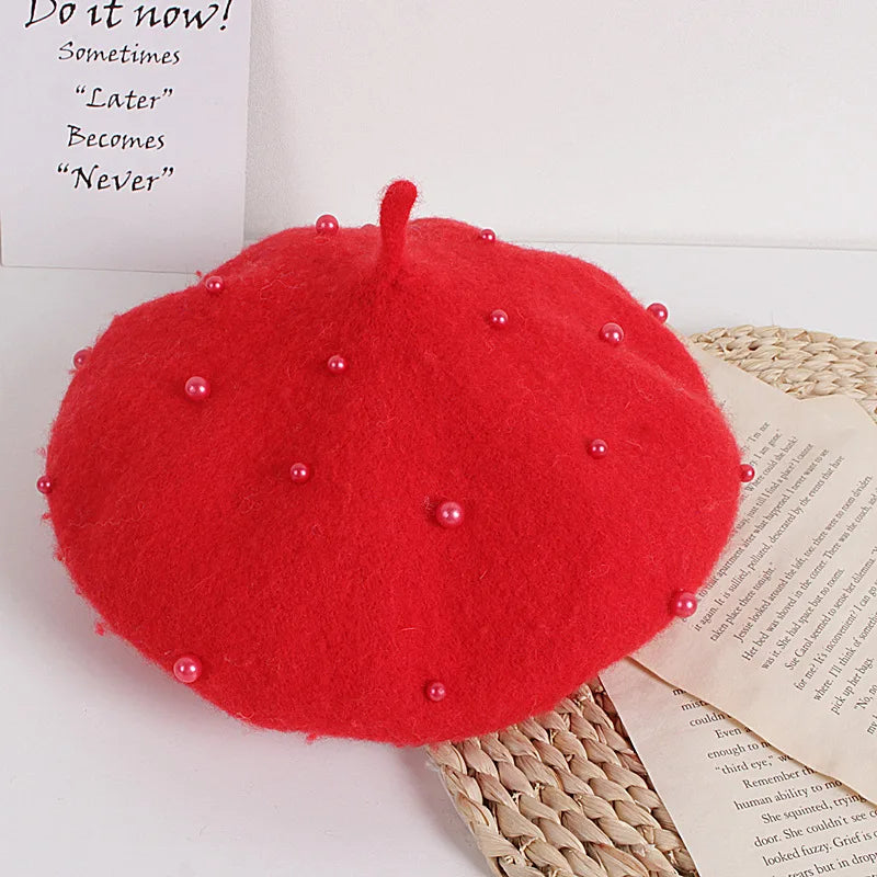 Wool Kids Winter Hat for Girls Retro Baby Beret Hats with Pearls Autumn Winter Kids Cap for Children Accessories 2-6Y