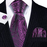 Barry.Wang Purple Silk Mens Tie Hanky Cufflinks Set Lilac Lavender Mauve Violet Jacquard Necktie For Male Wedding Business Party