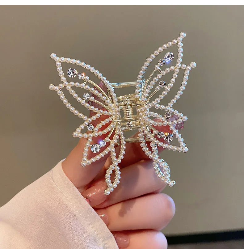 Kiss Jewelry Luxury Butterfly Hair Claw Clip Gold Plated Rhinestone Pearl Hairpin Women Korean Fashion Headwear Hair Accessories