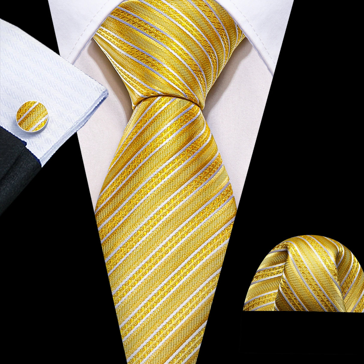 Classic Gold Silk Men Necktie Fashion Stripe High Quality Handkerchief Cufflinks Set Wedding Male Ties Business Party Barry.Wang