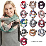 Women's Cashmere Checker Scarf Winter Warm Hidden Zip Pocket Scarf Women's Neck Warm Travel Ring Scarf