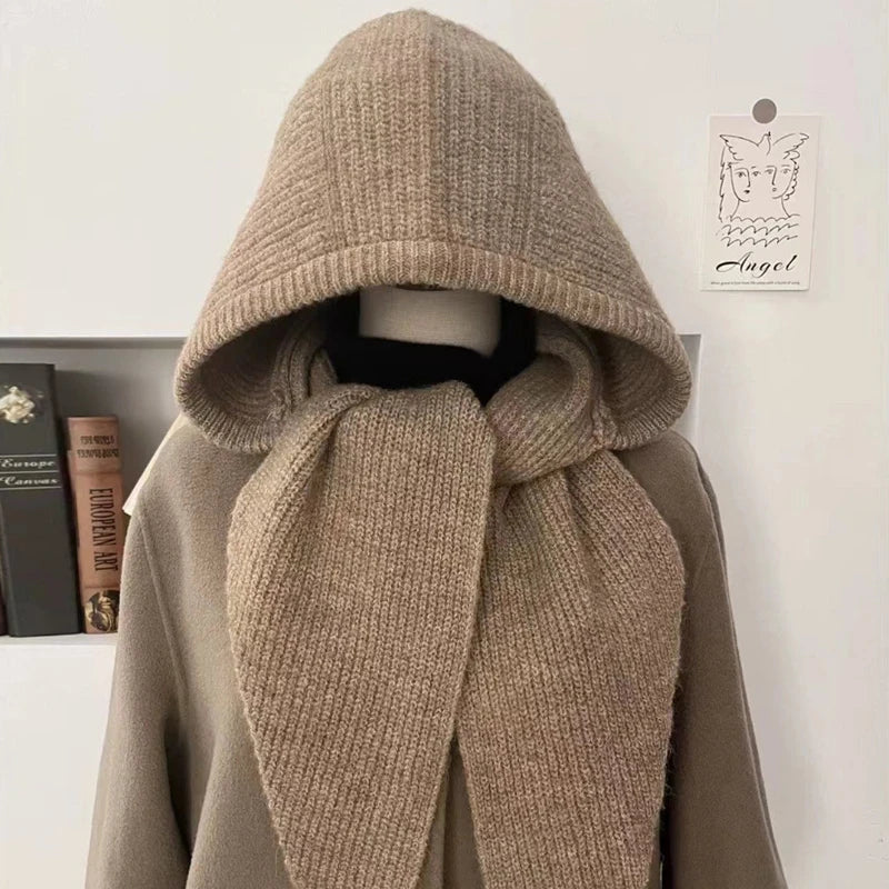 2025 Newest Knitted Balaclava Autumn Winter Solid Color Warm Beanie Shawl Earmuffs Hat One-piece Versatile Wool Hat For Women