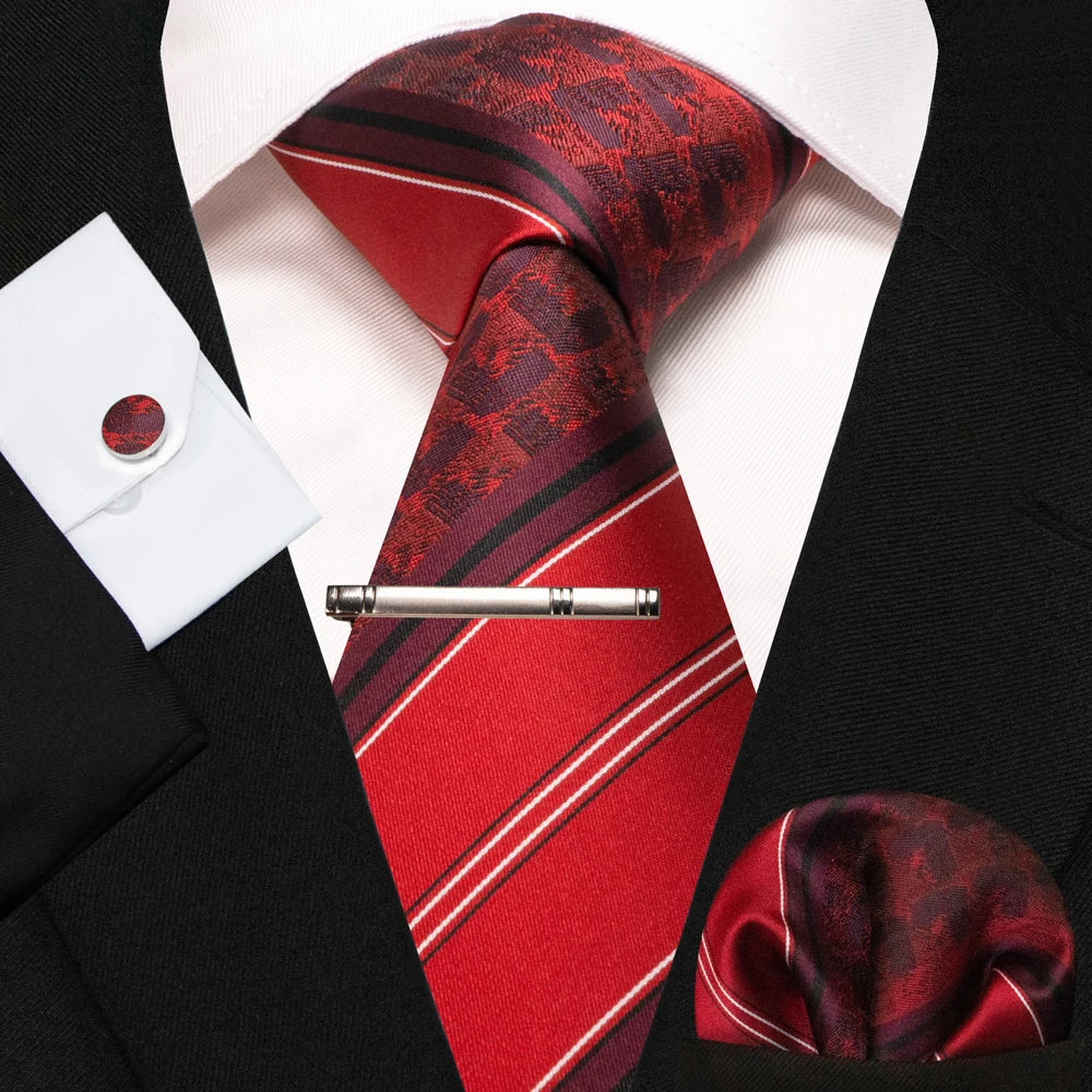 KAMBERFT New Classic Silk Men's Tie Red Gold Striped Men's Tie Handkerchief Cufflinks Set Wedding Business Party Gravatas