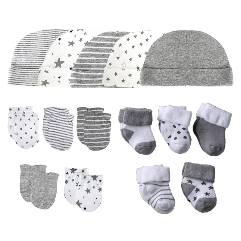 15Pieces New Born Gloves+Hats+Socks Sets Cartoon 100%Cotton Baby Boy Girl Headwear 0-12M Solid Color Infant Supplies Accessories
