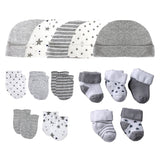 15Pieces New Born Gloves+Hats+Socks Sets Cartoon 100%Cotton Baby Boy Girl Headwear 0-12M Solid Color Infant Supplies Accessories