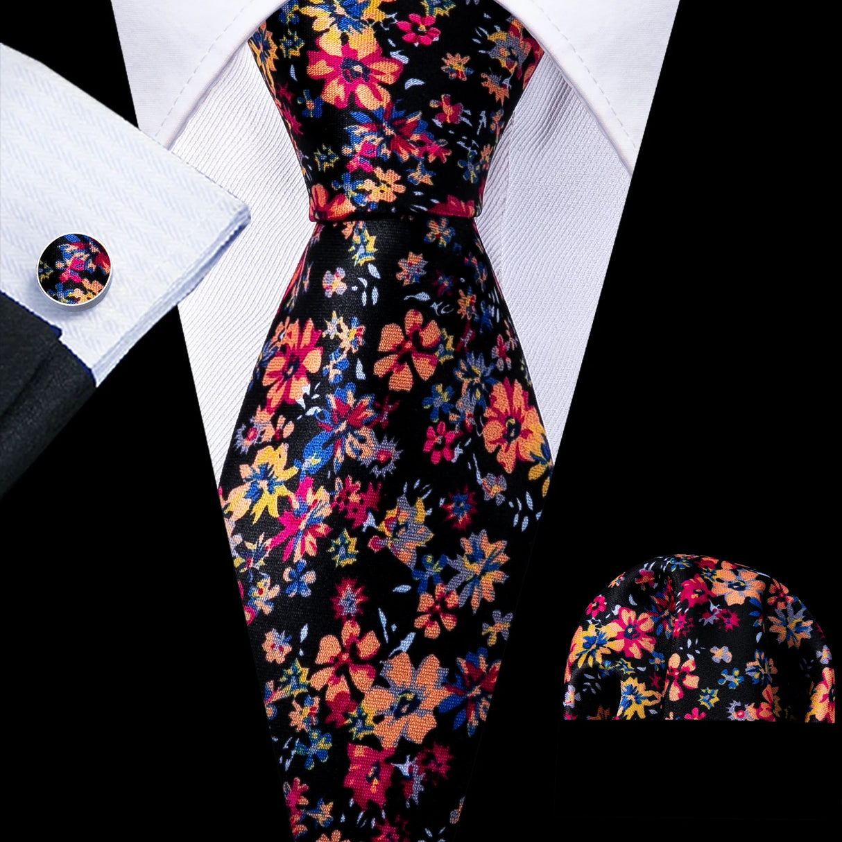 Barry.Wang Flower Silk Men Tie Hankerchief Cufflink Set Plum Blossom Rose Spiraea Necktie Cravat for Male Wedding Party Business