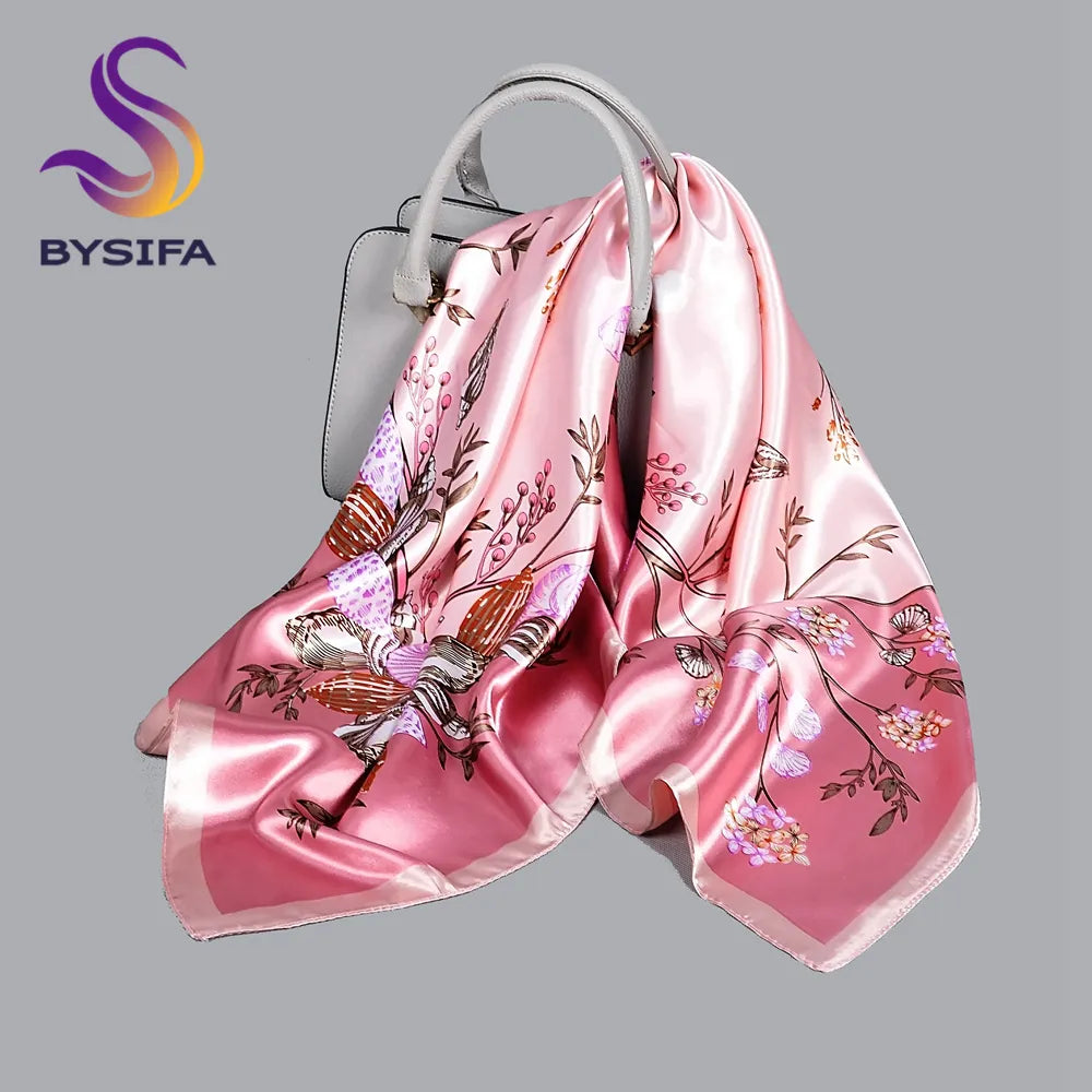 BYSIFA| Pink New Silk Shawl Scarf Women Fashion Elegant Floral Square Satin Scarves Fouldard Fall Winter Neck Scarves Hijiabs