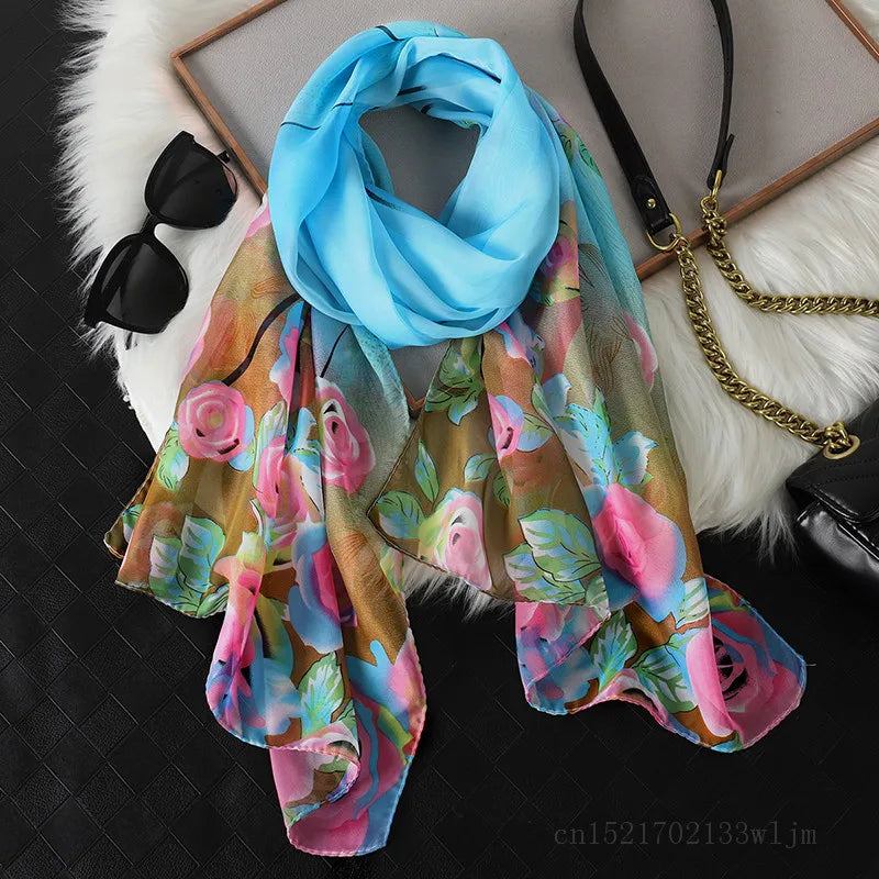 2023 Fashion Printed Floral Chiffon Hijab Scarf Women Pareo Lady Bandanas Beach Towels Summer Muslim Veil Wrap Female Foulard