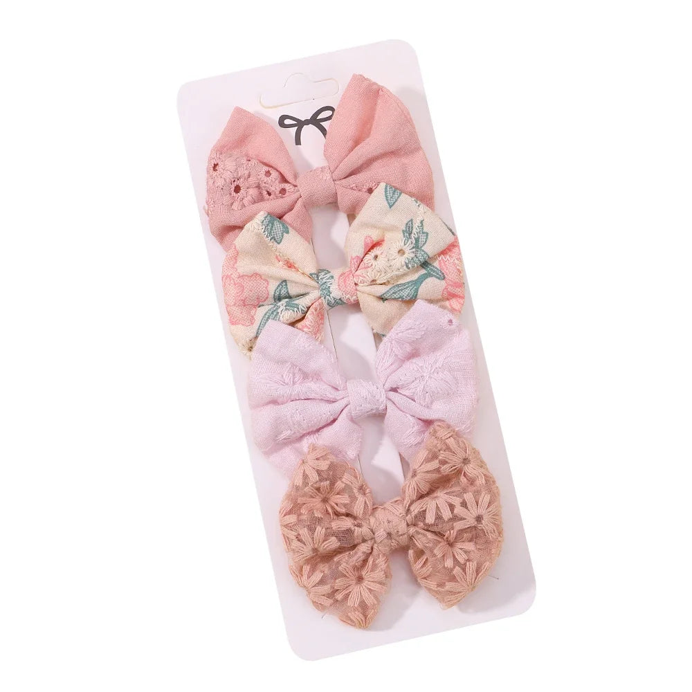 4Pcs/Set Lovely Cotton Bowknot Clips Safe Hairpins Girl Fresh Pastoral Hairclips Baby Hair Accessories Kids Print Hairgripe Gift