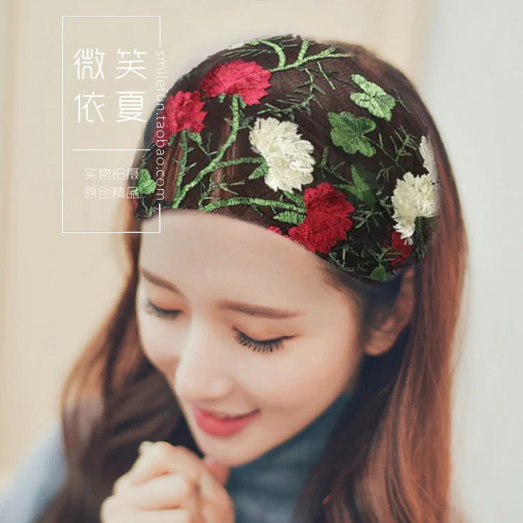 New Wide Headband for Women Ethnic Embroidery Flower Mesh Wide Edge Headbands Hibiscus Mutabilis Lace Bandaba Turban Headwear