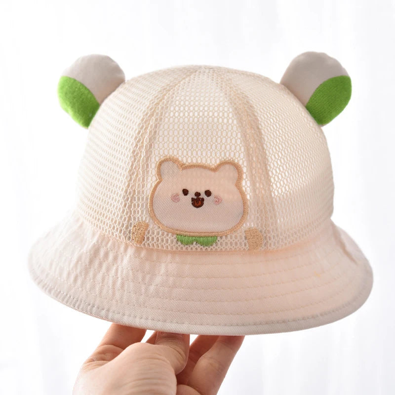 Summer Breathable Mesh Baby Hat Cute Bear Infant Boy Girl Bucket Hats Korean Cartoon Toddler Kids Casual Fisherman Cap