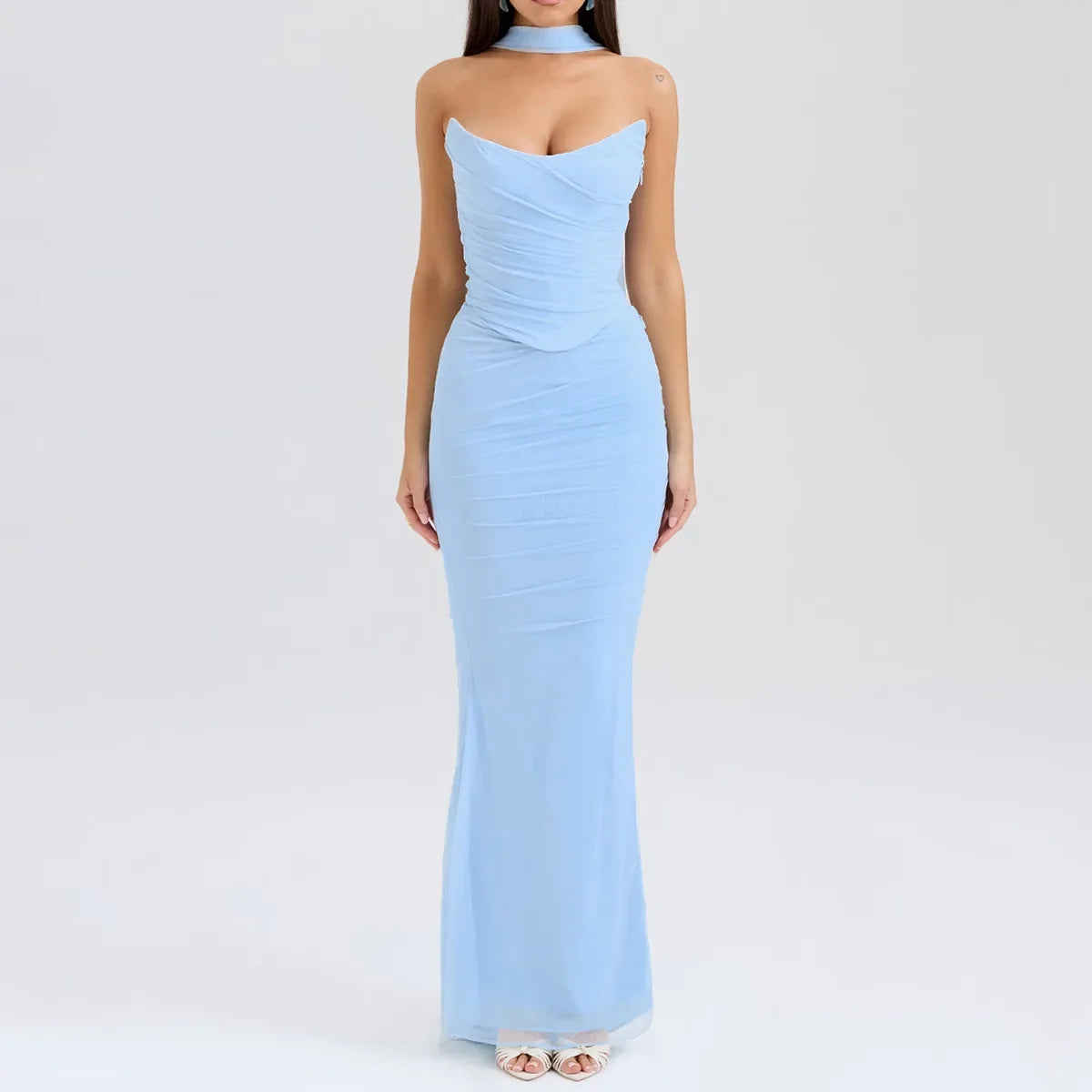 Suninheart Elegant 2 Pieces Dress Set with Scarf Women Fashion Matching Sets Sexy Cropped Top and Long Dress Set Casual Dress