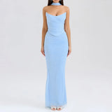 Suninheart Elegant 2 Pieces Dress Set with Scarf Women Fashion Matching Sets Sexy Cropped Top and Long Dress Set Casual Dress