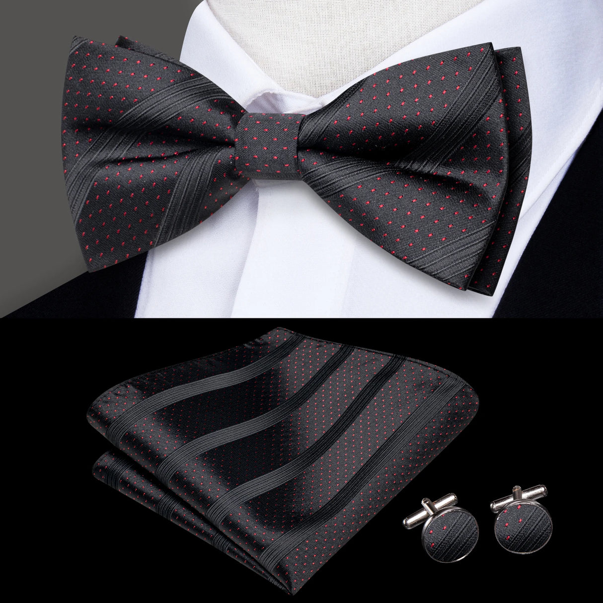 Hi-Tie Brand Silk Pre-tied Men's Bow Tie Hanky Cufflinks Set Bowtie for Male Jacquard Solid Paisley Floral Wedding Business Gift