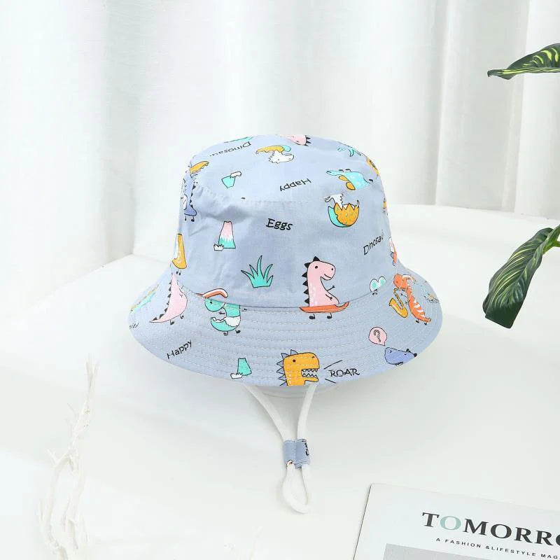 Cartoon Printing Baby Bucket Hat Cotton Breathable Kids Fisherman Hat Infant Toddle Sun Hat With Drawstring