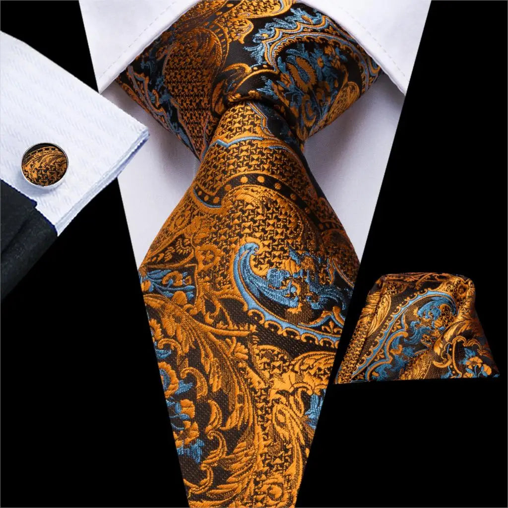 Hi-Tie Elegant Mens Necktie Black Gold Striped Paisley Silk Wedding Nicktie For Men Hanky Cufflinks Business Party Dropshipping