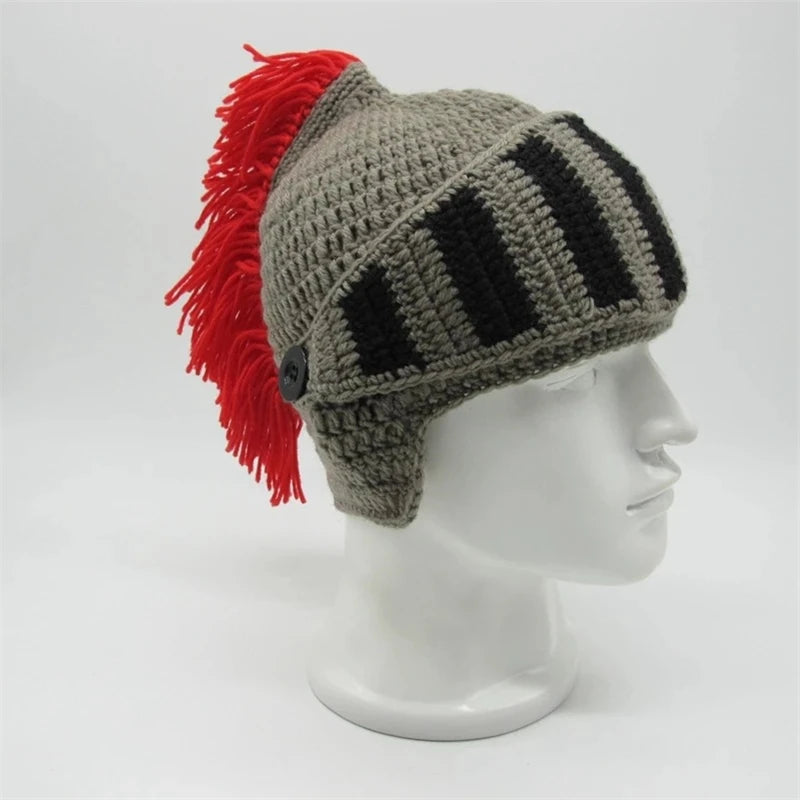 Warm Winter Handmade Funny Hats Original Red Tassel Roman Knight Helmet Mask Beanies Cosplay Caps Men's Women's Gag Party Gifts