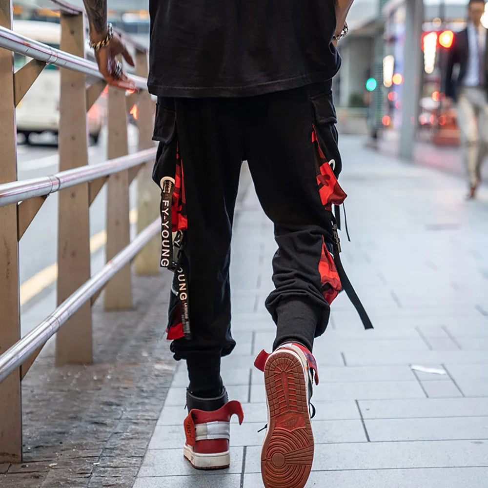 Letter Ribbons Cargo Pants Hip Hop Joggers Trousers Harajuku Casual Streetwear Hit Color Pocket Male Sweatpants Men's Harem Pant