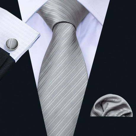 Fashion Mens Ties Set Silk Gray Black Silver White Striped Plaid Solid Paisley Floral Neck Tie Hankderchief Cufflinks Barry·Wang