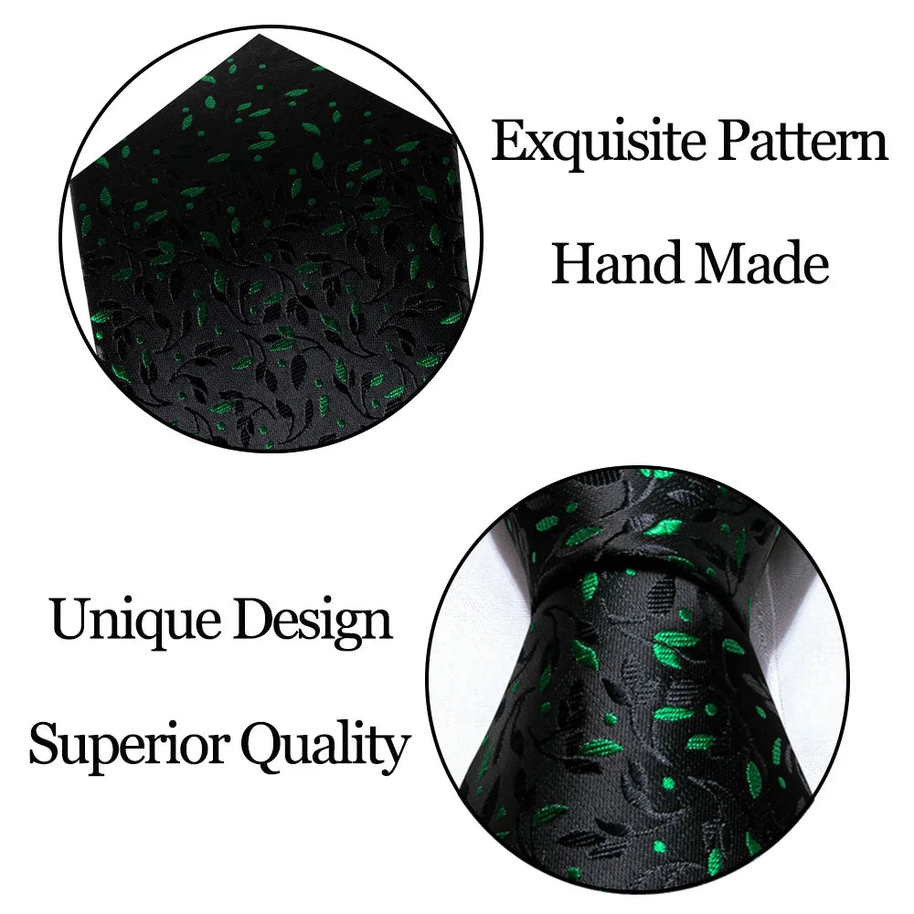 Luxury Silk Mens Ties Set Black Green Leaves Floral Neck Tie Handkerchief Cufflinks Set Wedding Business Party Barry·Wang 5938