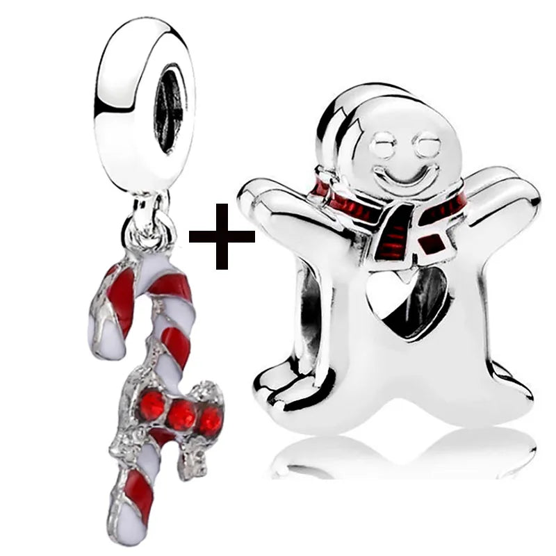 Buipoey 2pcs/lot Christmas Red Cane Gingerbread Man Charm Snowman Santa Beaded Sock Pendant DIY Beacelets jewelry Accessory Gift