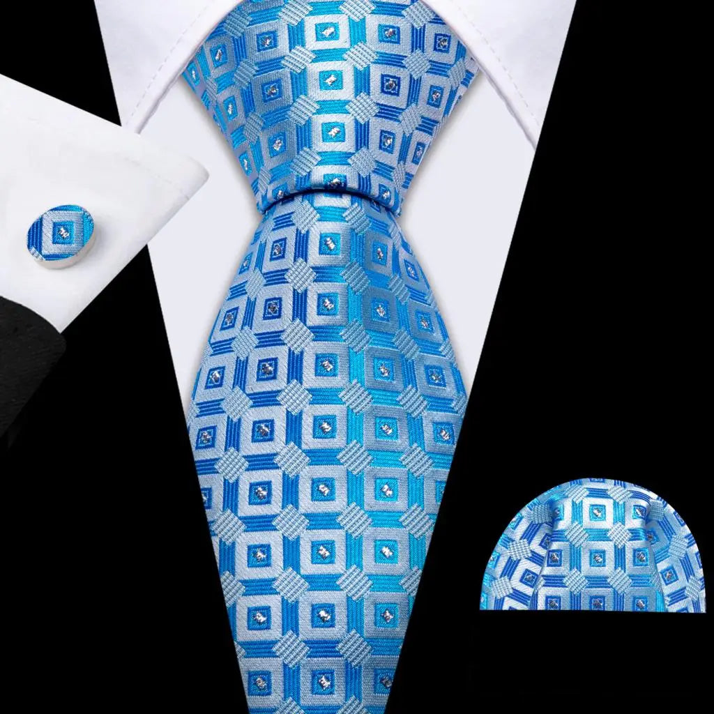 New Blue Silk Ties High Quality For Men Classic Plaid Woven Handkerchife Cufflinks Sets Groom Wedding Designer Barry.Wang 1535