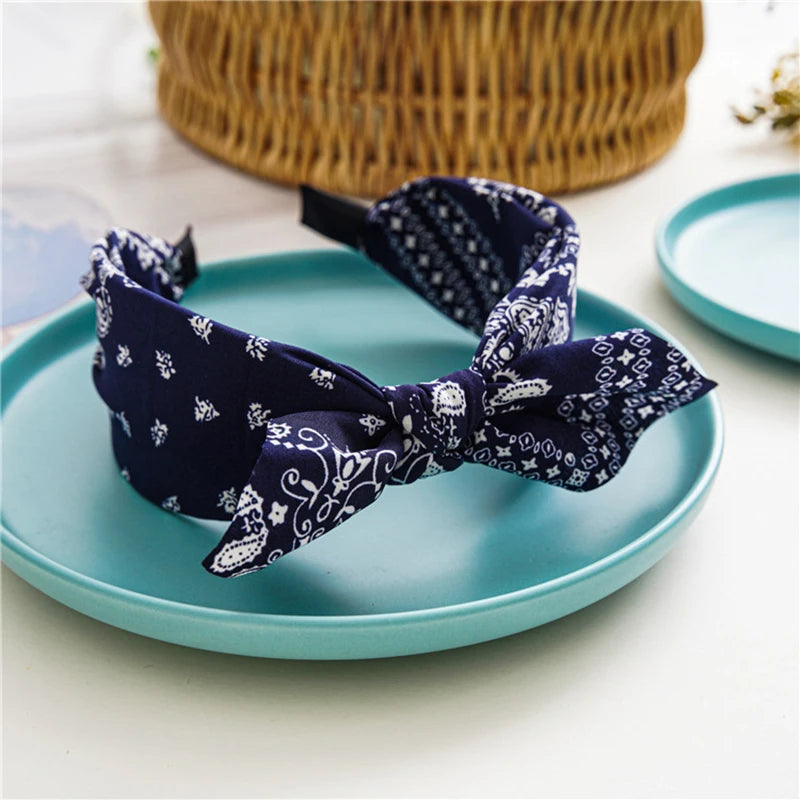 Bow Wide Brimmed Head Hoop For Women Boho Women Soft Solid Print Headbands Cross Knot Elastic Hair Hoop  Vintage Headwear New