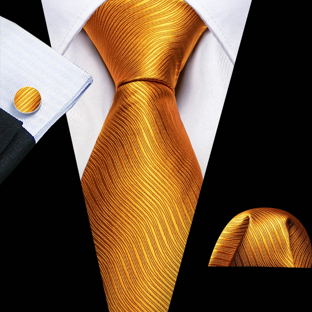 Classic Gold Silk Men Necktie Fashion Stripe High Quality Handkerchief Cufflinks Set Wedding Male Ties Business Party Barry.Wang