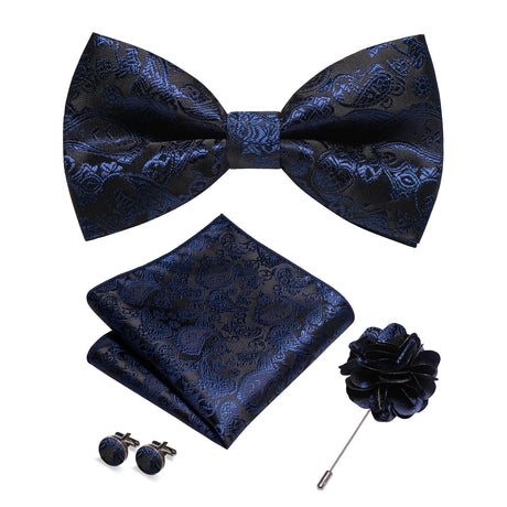 Champagne Silk Jacquard Paisley Mens Bow Tie Brooch Hanky Cufflinks Set Pre-tied Butterfly Knot Bowtie for Male Wedding Business