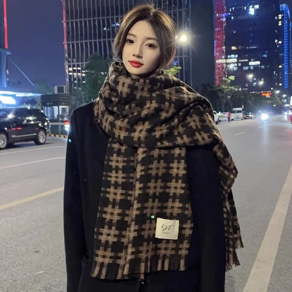 Artificial Wool Imitation Cashmere Shawl Warm Knitting Tassel Plaid Design Scarf Thicken Warm Neckerchief