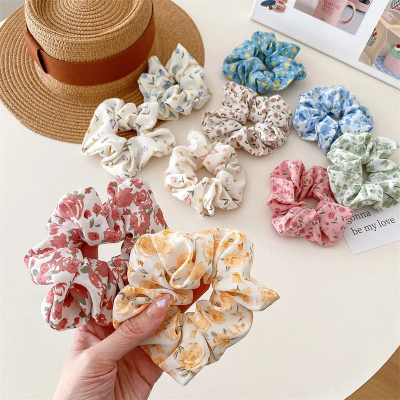 2 Pcs Korean Hair Accessories Women Small Fresh Fabric Flower Printing Elastics Hair Band Scrunchies Hair Tie Girl Ponytail Hold