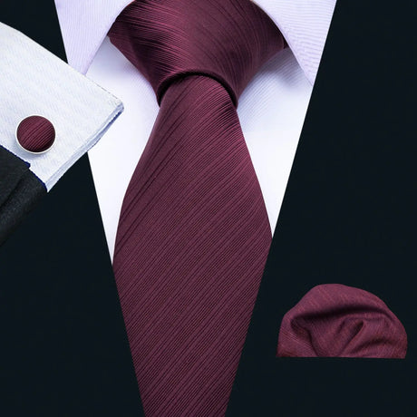 Barry.Wang Red Maroon Burgundy Rose Silk Men's Tie Pocket Square Cufflinks Set Jacquard Necktie for Male Wedding Business Party