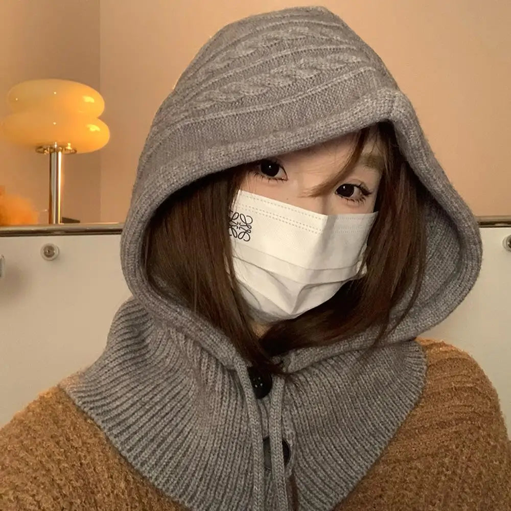 New Knitted Balaclava Hats For Women Hooded Caps Outdoor Winter Warmer Drawstring Hat One-Piece Neck Collar Cycling Beanies Caps