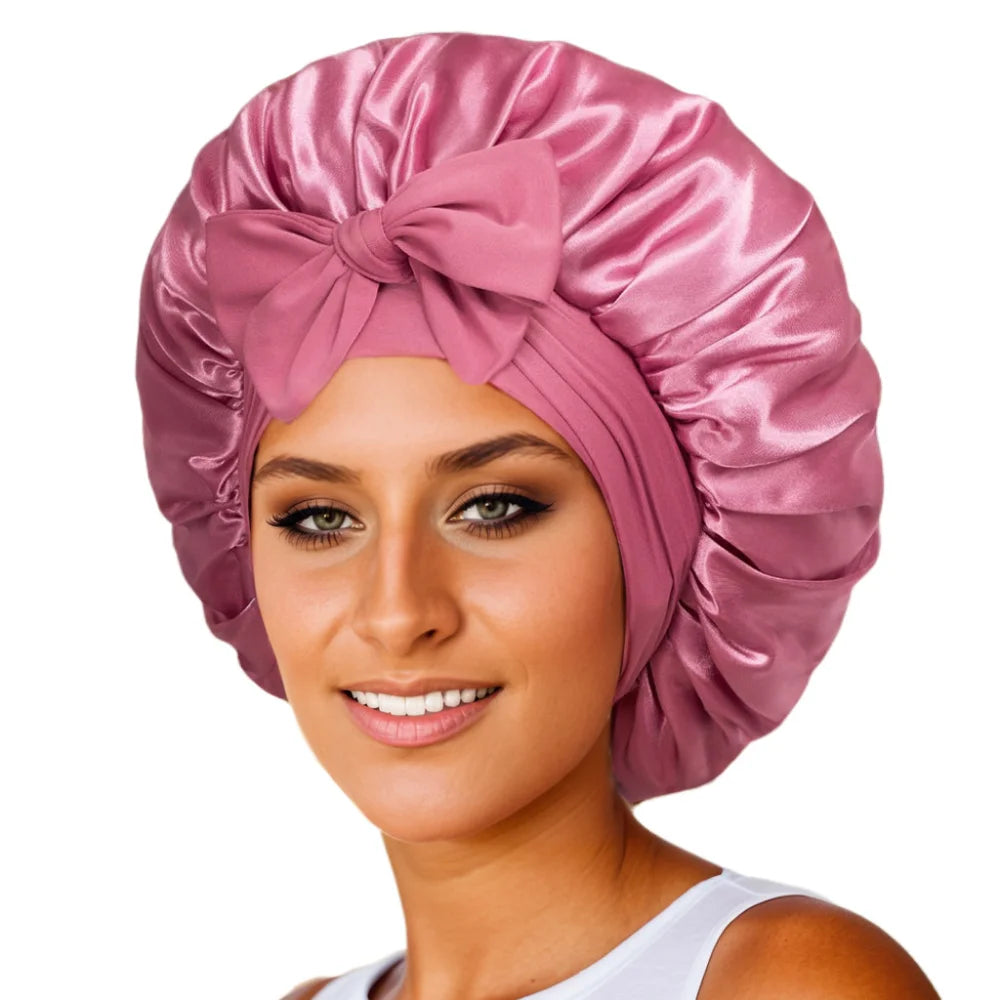 New Satin Sleeping Cap For Women Solid Wide Band Stretch Head Tie Silky Bonnet Edge Wrap Nightcap Hair Care Shower Head Cover
