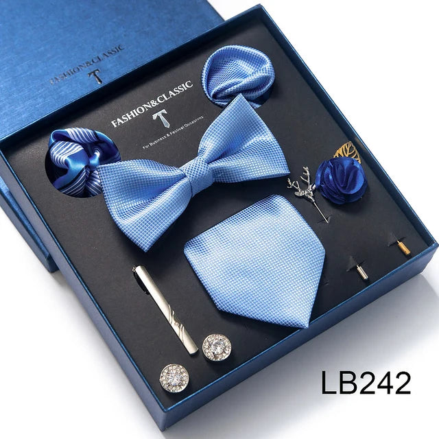 Brand Newest Design Silk Tie Set Handkerchief Pocket Squares Cufflink Bow Tie Clip Necktie Set Bussiness Wedding Suit Gift Box