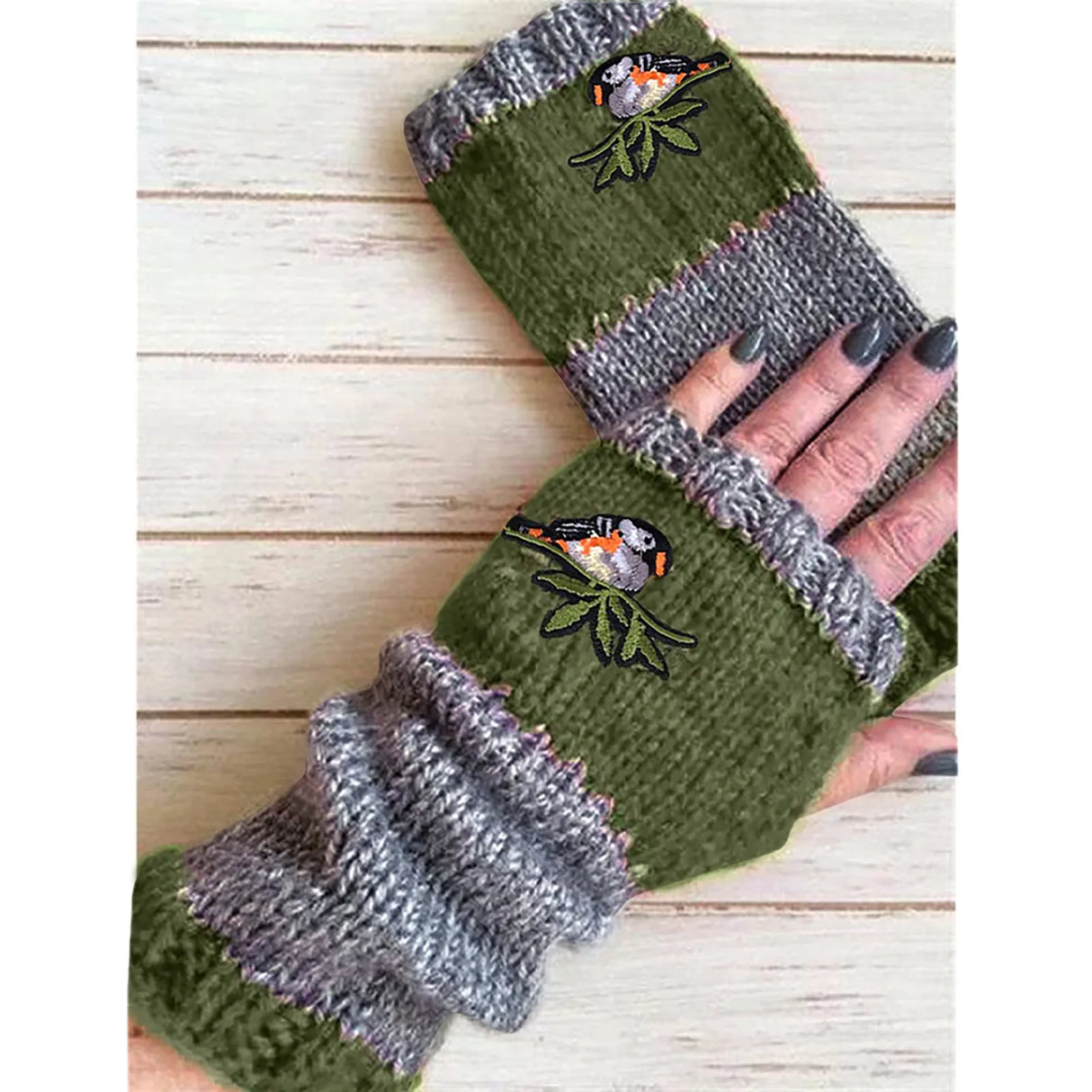 Embroidered Bird Gloves Women's Cotton Fingerless Gloves Knit Block Splice Mittens Women's Fingerless Gloves Christmas Gift