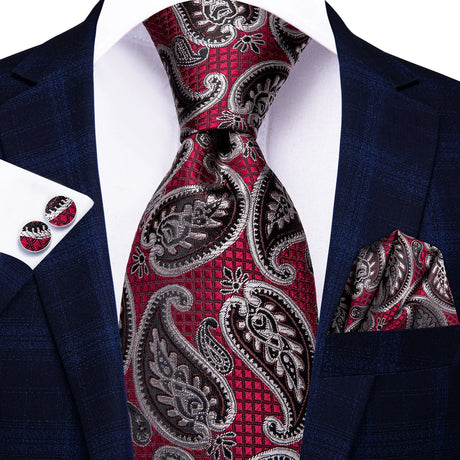 Hi-Tie Luxury Floral Paisley Ties for Men Male Desigenr Red Green Snow Ties for Christmas Adult Silk Tie Hanky Cufflinks Tie Set