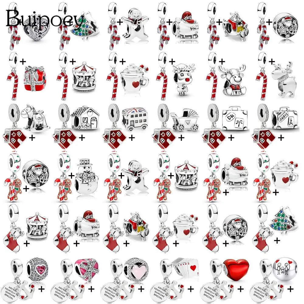 Buipoey 2pcs/lot Christmas Red Cane Gingerbread Man Charm Snowman Santa Beaded Sock Pendant DIY Beacelets jewelry Accessory Gift