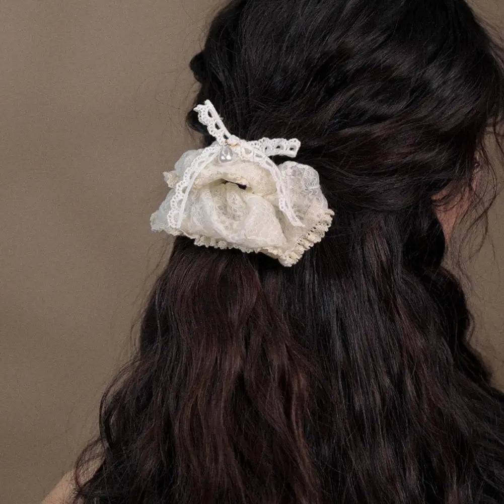 French Lace Pearl Rose Flower Elastics Hair Band For Women Cream White Scrunchies Hair Ties Ponytail Holder Hair Accessories