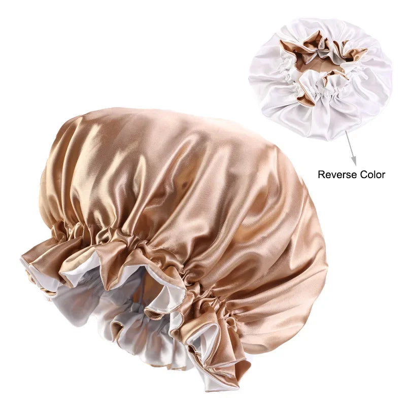 Satin Bonnet  Sleeping Cap Double Color Ding Big Lace Nightcap Extra Large Round Cap Hair Care Hair Shower Caps