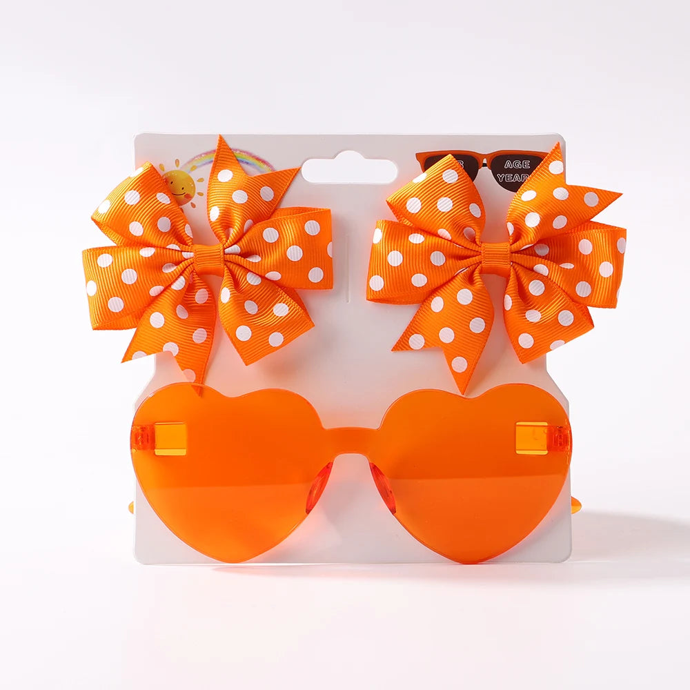 3Pcs/set Cute Solid Kids Dot Hairpin Colorful Heart Sun Glasses Set Girls Boutique Bowknot Hair Clips Children Hair Accessories