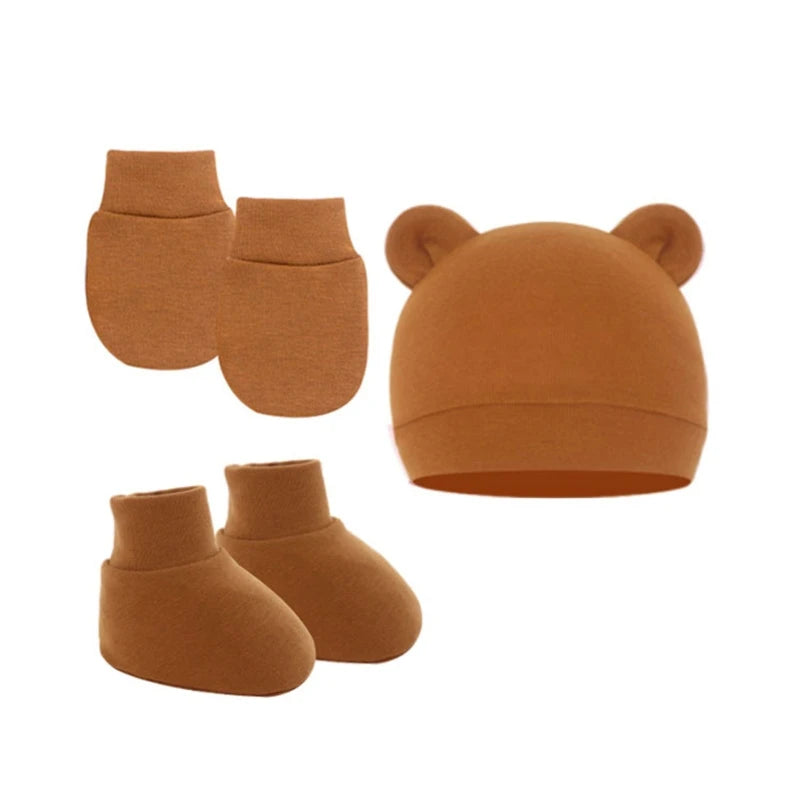 Newborn Hat+Gloves+Socks Set for Baby Boy Girl Cotton Baby Beanie Fall Casual Photography Props Soft Headwear Infant Nightcap