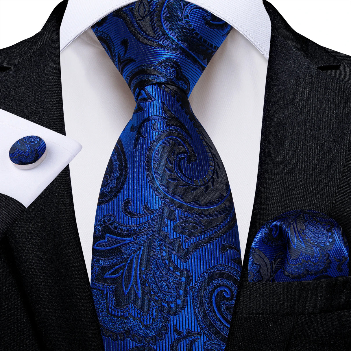 Elegant Blue Floral Paisley Men's 8cm Silk Tie Set with Pocket Square Cufflinks Business Suits Accessories Groom Wedding Cravat