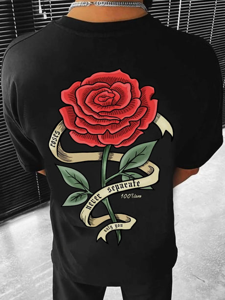 Red Roses Wrapped In Ribbons Printing Clothes Men Cotton Breathable Tee Clothes Oversized Casual Loose T-Shirts Short Sleeve