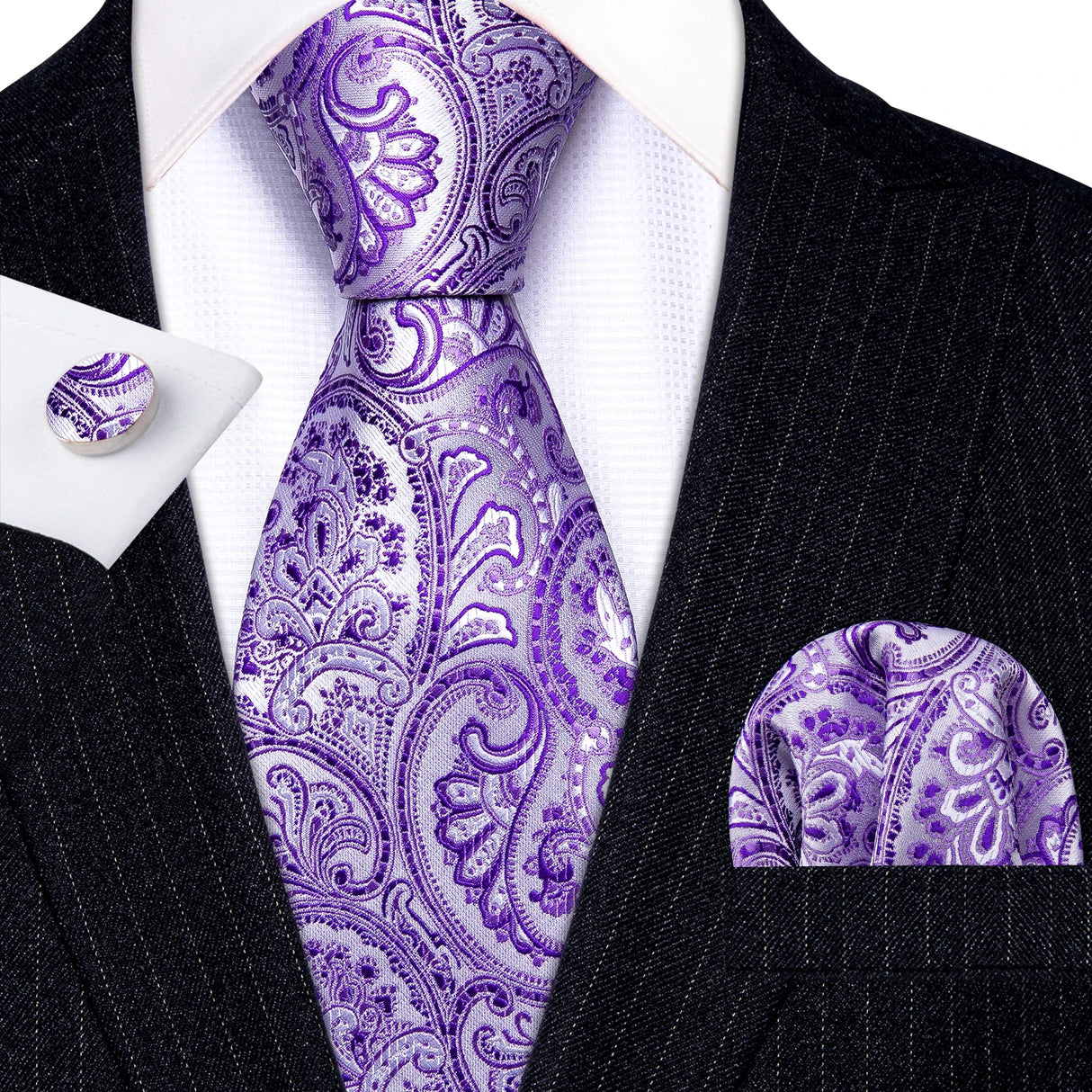 Barry.Wang Purple Silk Mens Tie Hanky Cufflinks Set Lilac Lavender Mauve Violet Jacquard Necktie For Male Wedding Business Party